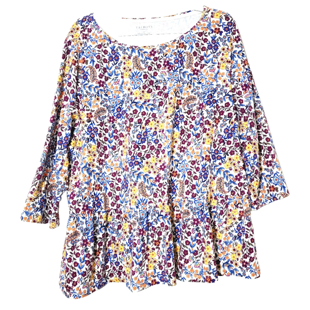 Talbots‎ Womens Top 3X Floral 100% Cotton Long Sleeve Peplum Scoopneck Plus Size